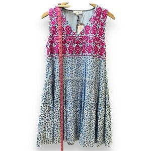 NWT THML Tiered Embroidered Dress cotton pink blue white - midi. above knee XS S